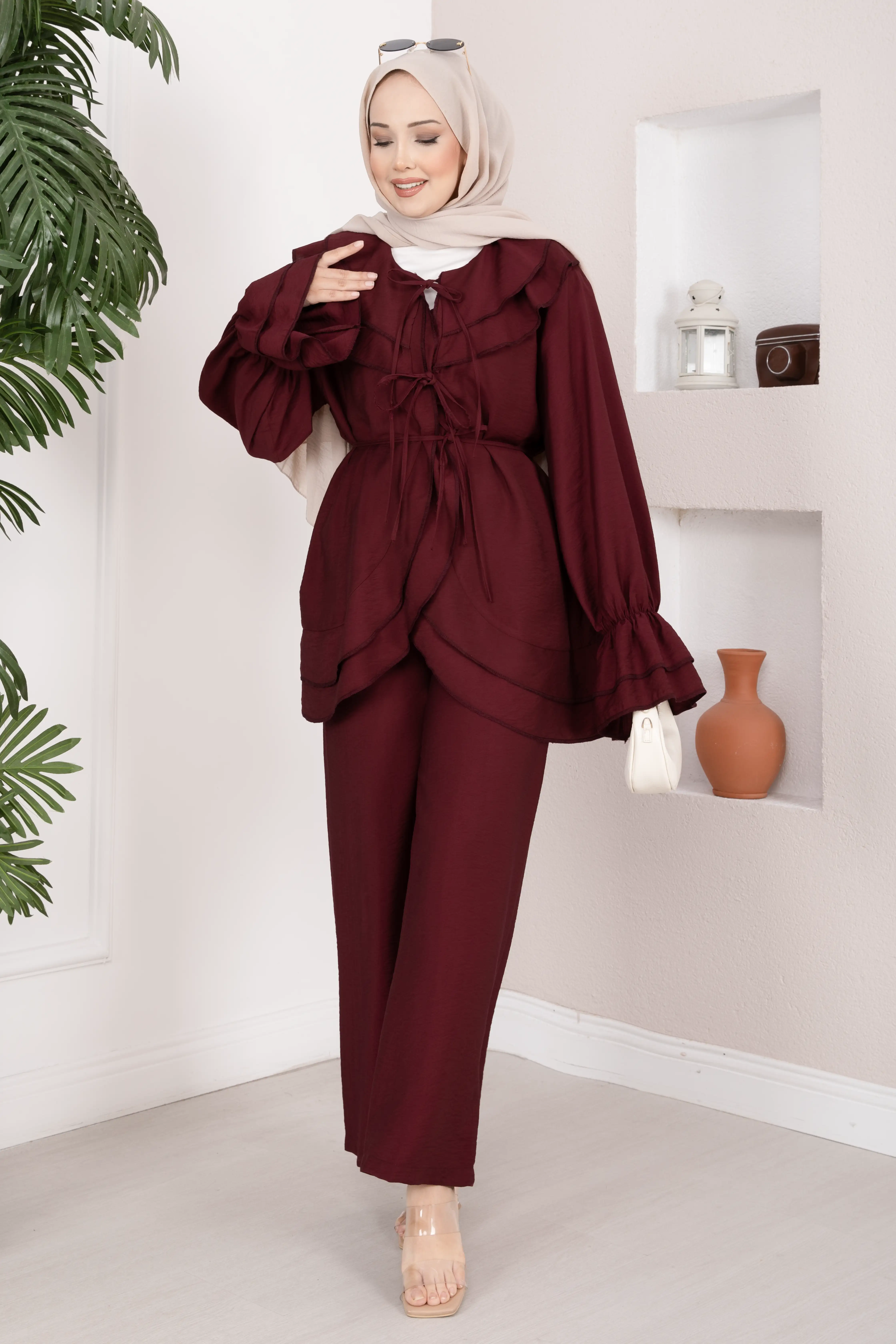 Volan Detaylı Bağcıklı Tunik Pantolon Takım Bordo - Thumbnail
