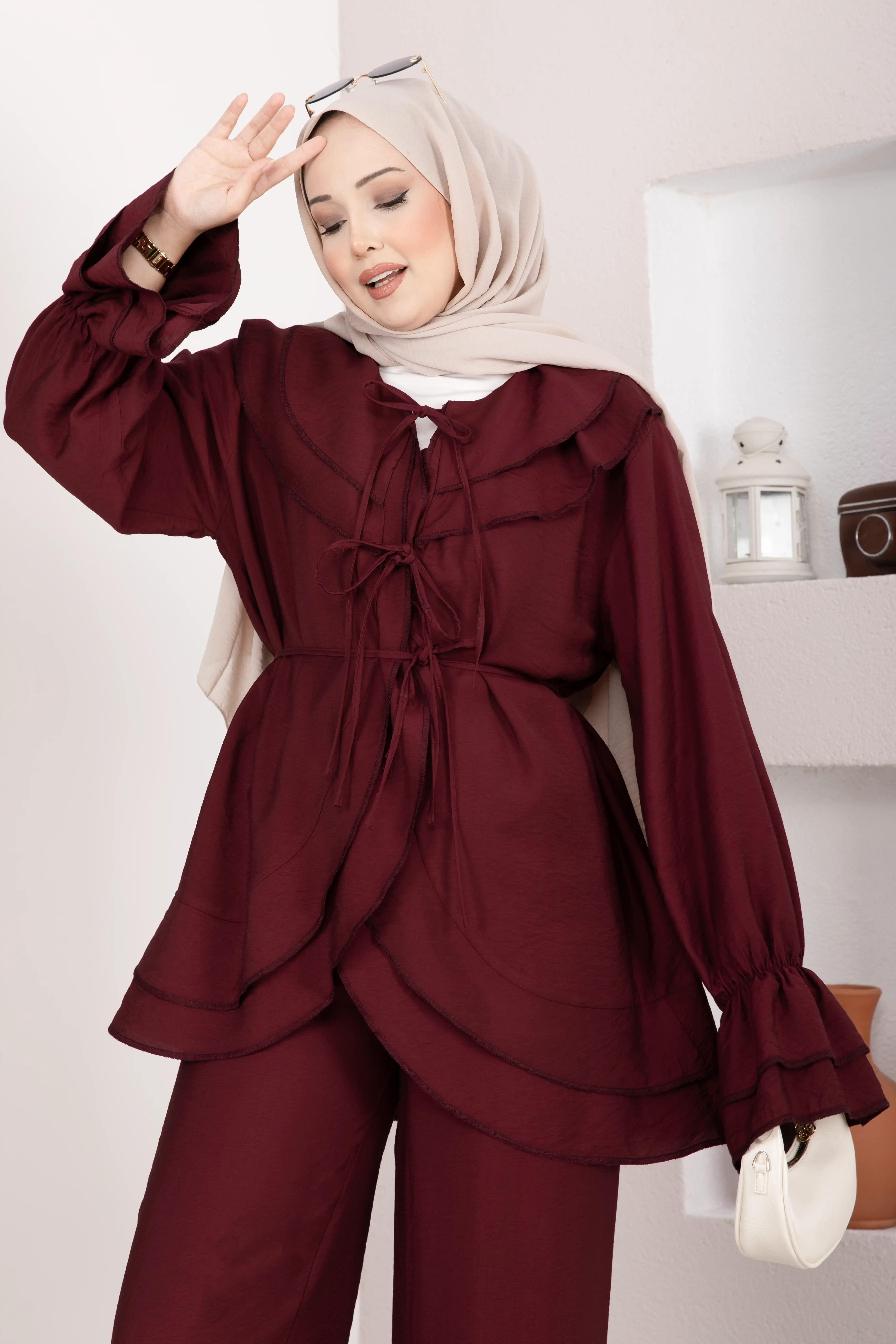 Svs - Volan Detaylı Bağcıklı Tunik Pantolon Takım Bordo (1)