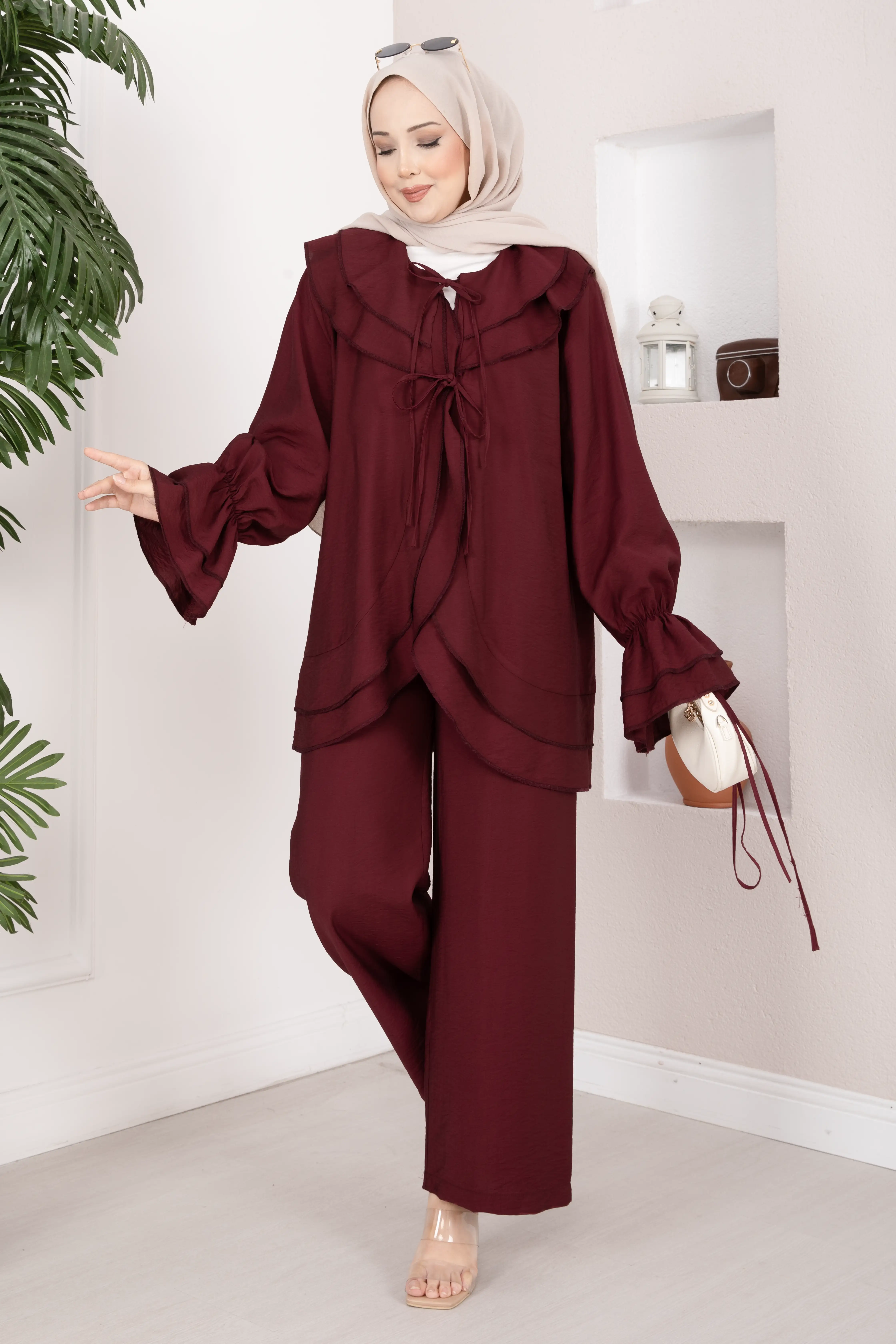 Svs - Volan Detaylı Bağcıklı Tunik Pantolon Takım Bordo