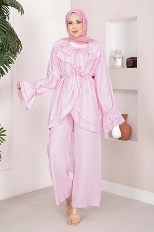 Volan Detaylı Bağcıklı Tunik Pantolon Takım Pembe - Thumbnail