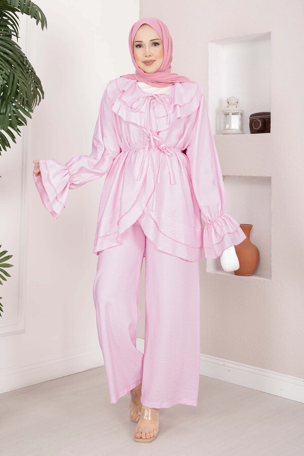 Svs - Volan Detaylı Bağcıklı Tunik Pantolon Takım Pembe