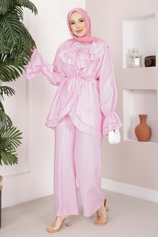 Volan Detaylı Bağcıklı Tunik Pantolon Takım Pembe - Thumbnail