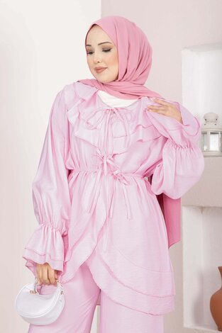 Volan Detaylı Bağcıklı Tunik Pantolon Takım Pembe - Thumbnail