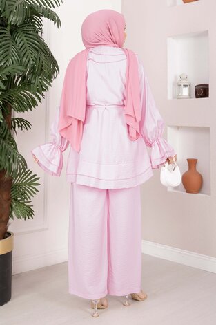 Volan Detaylı Bağcıklı Tunik Pantolon Takım Pembe - Thumbnail