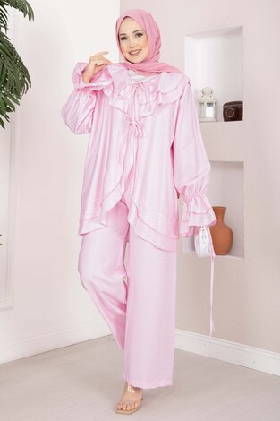 Volan Detaylı Bağcıklı Tunik Pantolon Takım Pembe - Thumbnail