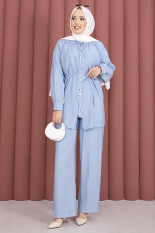 Yaka Büzgülü Tunik Pantolonlu İkili Takım Bebe Mavisi - Thumbnail