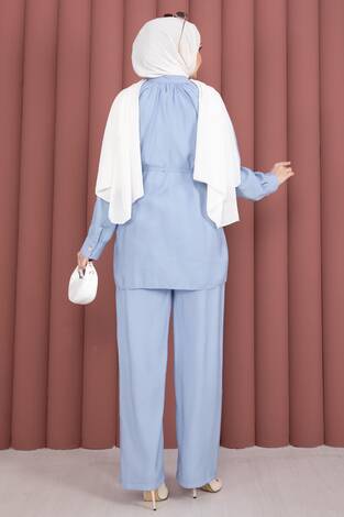 Yaka Büzgülü Tunik Pantolonlu İkili Takım Bebe Mavisi - Thumbnail