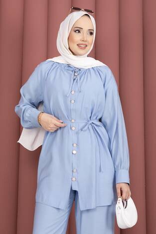 Yaka Büzgülü Tunik Pantolonlu İkili Takım Bebe Mavisi - Thumbnail