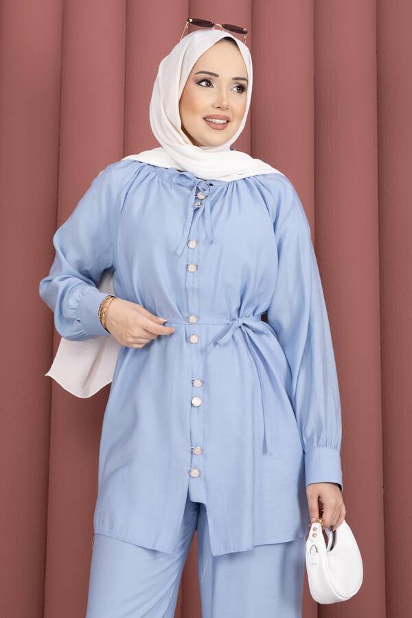 Znk - Yaka Büzgülü Tunik Pantolonlu İkili Takım Bebe Mavisi (1)