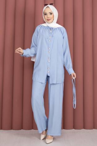 Yaka Büzgülü Tunik Pantolonlu İkili Takım Bebe Mavisi - Thumbnail