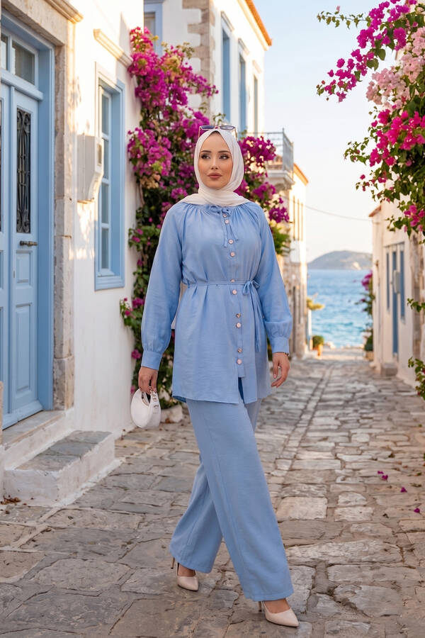 Znk - Yaka Büzgülü Tunik Pantolonlu İkili Takım Bebe Mavisi