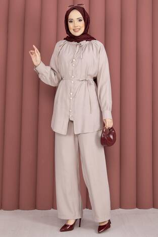 Yaka Büzgülü Tunik Pantolonlu İkili Takım Bej - Thumbnail