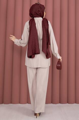 Yaka Büzgülü Tunik Pantolonlu İkili Takım Bej - Thumbnail