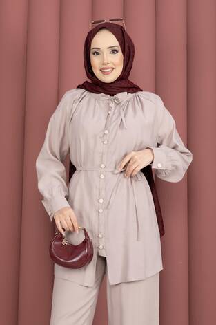 Yaka Büzgülü Tunik Pantolonlu İkili Takım Bej - Thumbnail