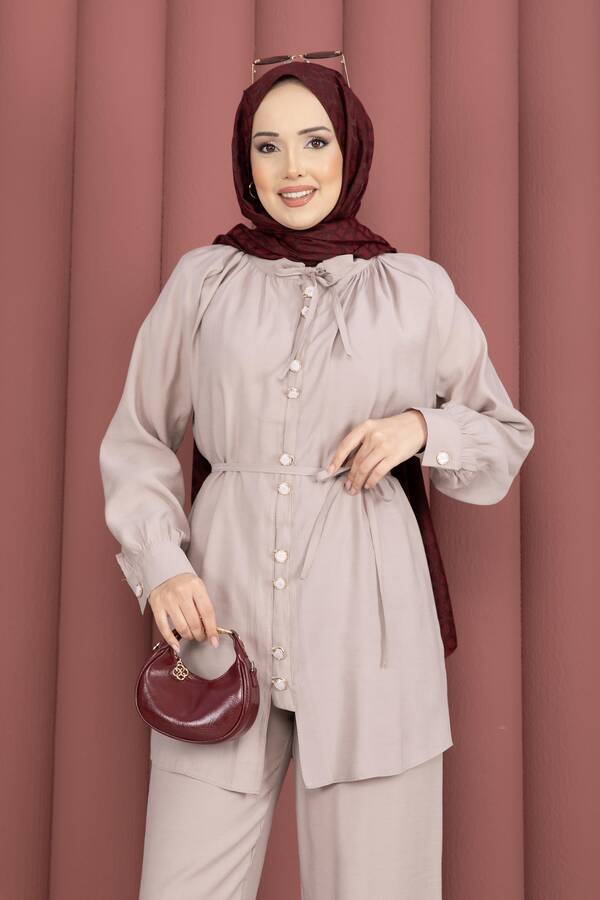 Znk - Yaka Büzgülü Tunik Pantolonlu İkili Takım Bej (1)