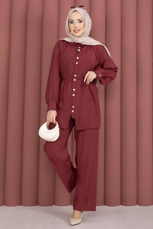 Yaka Büzgülü Tunik Pantolonlu İkili Takım Bordo - Thumbnail