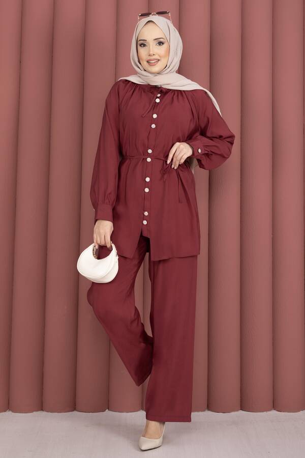 Znk - Yaka Büzgülü Tunik Pantolonlu İkili Takım Bordo (1)