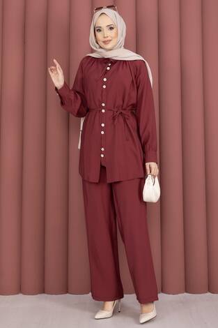 Yaka Büzgülü Tunik Pantolonlu İkili Takım Bordo - Thumbnail