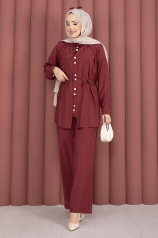 Yaka Büzgülü Tunik Pantolonlu İkili Takım Bordo - Thumbnail