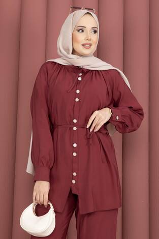 Yaka Büzgülü Tunik Pantolonlu İkili Takım Bordo - Thumbnail