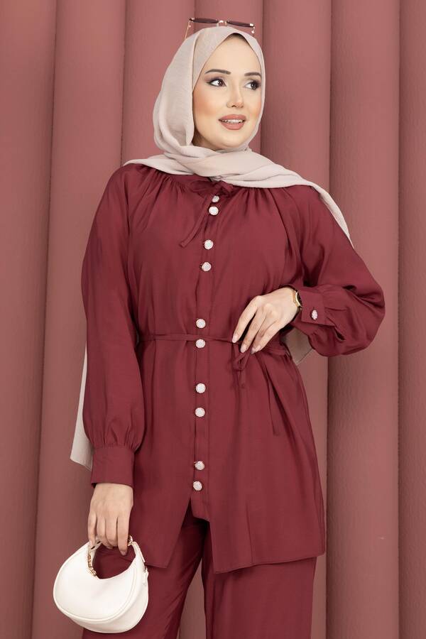 Znk - Yaka Büzgülü Tunik Pantolonlu İkili Takım Bordo