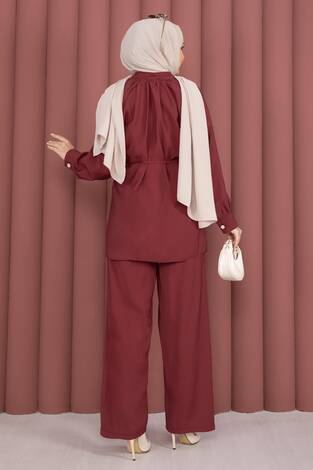 Yaka Büzgülü Tunik Pantolonlu İkili Takım Bordo - Thumbnail