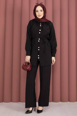 Yaka Büzgülü Tunik Pantolonlu İkili Takım Siyah - Thumbnail
