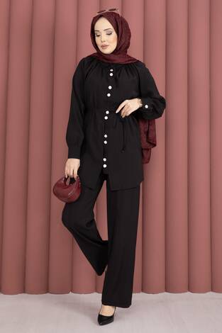 Yaka Büzgülü Tunik Pantolonlu İkili Takım Siyah - Thumbnail