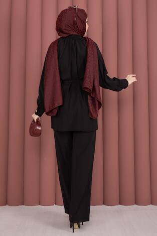 Yaka Büzgülü Tunik Pantolonlu İkili Takım Siyah - Thumbnail