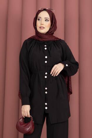 Yaka Büzgülü Tunik Pantolonlu İkili Takım Siyah - Thumbnail