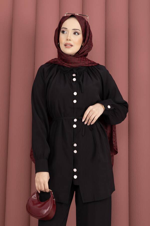 Znk - Yaka Büzgülü Tunik Pantolonlu İkili Takım Siyah (1)