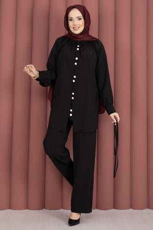 Yaka Büzgülü Tunik Pantolonlu İkili Takım Siyah - Thumbnail