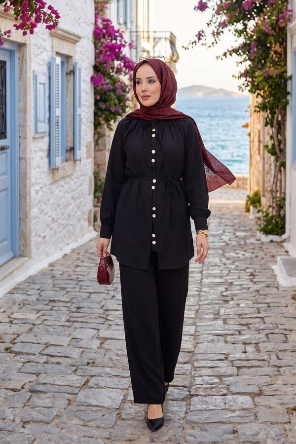 Znk - Yaka Büzgülü Tunik Pantolonlu İkili Takım Siyah