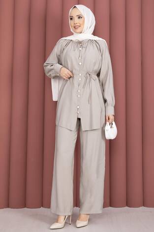 Yaka Büzgülü Tunik Pantolonlu İkili Takım Taş - Thumbnail
