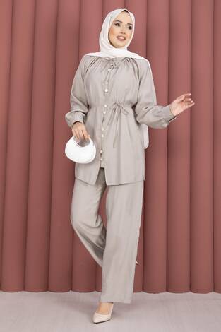 Yaka Büzgülü Tunik Pantolonlu İkili Takım Taş - Thumbnail