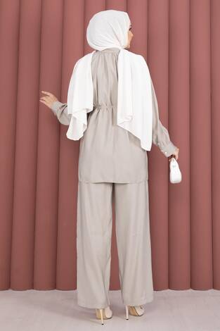 Yaka Büzgülü Tunik Pantolonlu İkili Takım Taş - Thumbnail