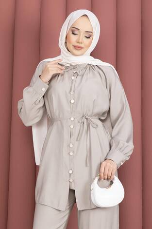 Yaka Büzgülü Tunik Pantolonlu İkili Takım Taş - Thumbnail