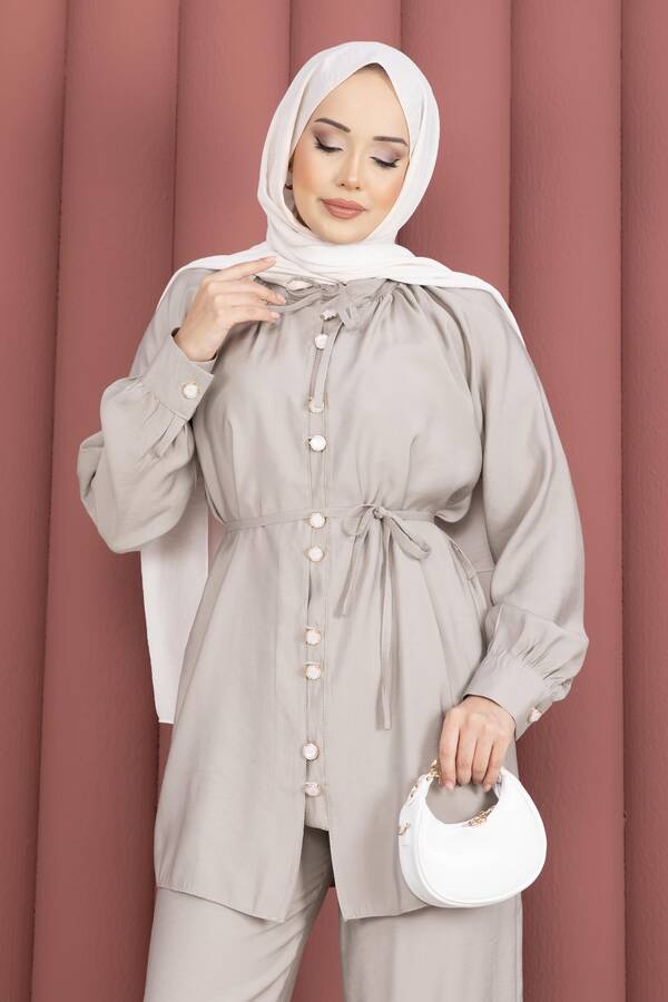 Znk - Yaka Büzgülü Tunik Pantolonlu İkili Takım Taş (1)