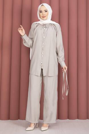 Yaka Büzgülü Tunik Pantolonlu İkili Takım Taş - Thumbnail