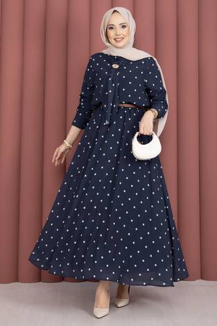 Yaka Fularlı Puantiyeli Etekli Takım İndigo - Thumbnail