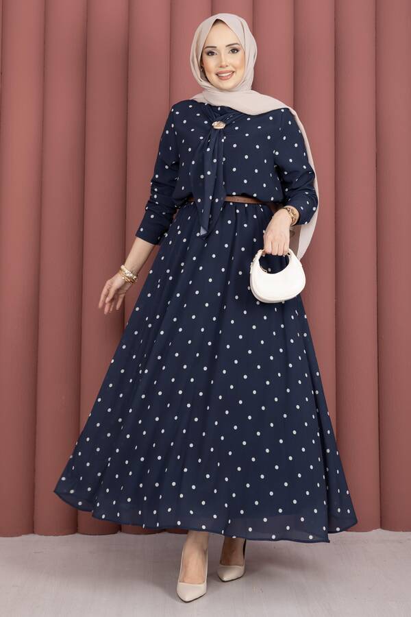 Yuq - Yaka Fularlı Puantiyeli Etekli Takım İndigo