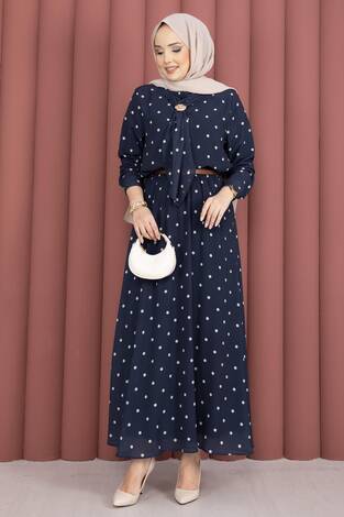 Yaka Fularlı Puantiyeli Etekli Takım İndigo - Thumbnail