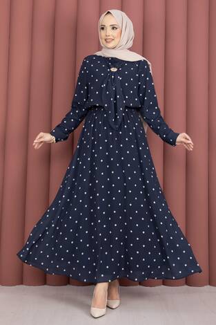 Yaka Fularlı Puantiyeli Etekli Takım İndigo - Thumbnail