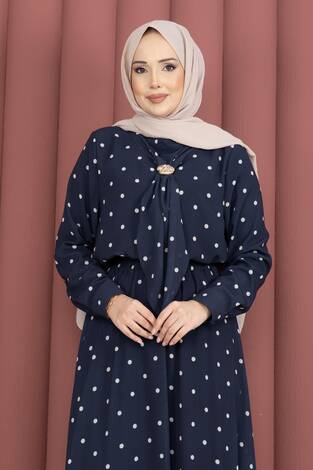 Yaka Fularlı Puantiyeli Etekli Takım İndigo - Thumbnail