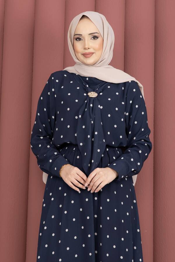 Yuq - Yaka Fularlı Puantiyeli Etekli Takım İndigo (1)