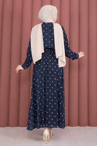 Yaka Fularlı Puantiyeli Etekli Takım İndigo - Thumbnail