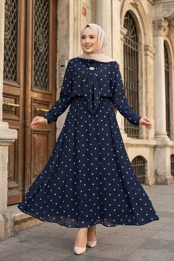 Yuq - Yaka Fularlı Puantiyeli Etekli Takım İndigo