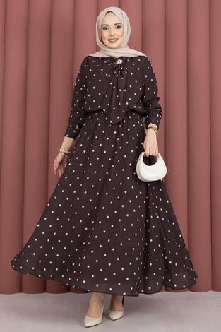 Yaka Fularlı Puantiyeli Etekli Takım Kahve - Thumbnail