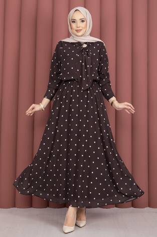 Yaka Fularlı Puantiyeli Etekli Takım Kahve - Thumbnail