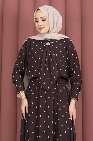 Yaka Fularlı Puantiyeli Etekli Takım Kahve - Thumbnail